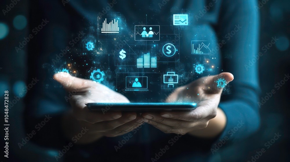 Aufkleber a person holds a smartphone with various business-related icons floating above it.