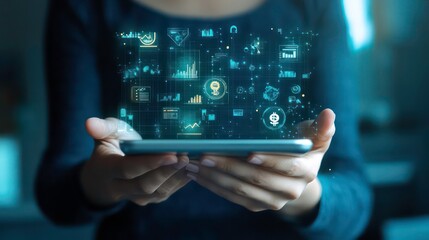 A woman's hands holding a smartphone with glowing digital icons and data visualizations emerging from the screen.