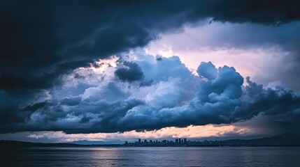 A moody sky with rolling clouds at dusk, with the silhouette of a city's skyline visible in the distance under the darkening sky