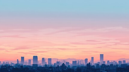 Fototapeta premium A serene evening sky with soft pastel colors, with the silhouette of a modern city skyline in the foreground against the peaceful horizon