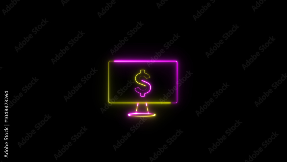 Poster neon monitor with dollar icon. computer monitor with dollar icon with neon effect.simple icon for we