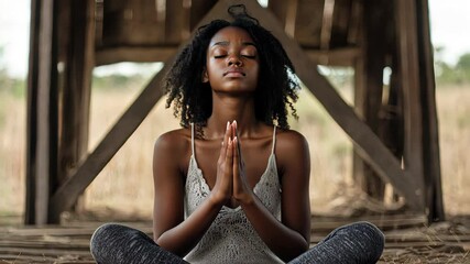Stock minimalist photograph of a black girl looking sadly at her empty hands, sitting on the ground near an old wooden structure, with ample open space and natural lighting