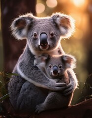 Fototapeta premium Un koala junto a su cría en un arbol