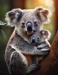 Fototapeta premium Un koala junto a su cría en un arbol