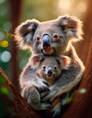 Naklejka premium Un koala junto a su cría en un arbol
