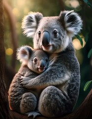 Naklejka premium Un koala junto a su cría en un arbol