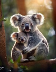 Obraz premium Un koala junto a su cría en un arbol