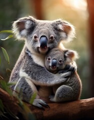 Obraz premium Un koala junto a su cría en un arbol