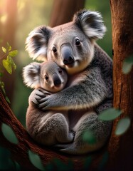 Naklejka premium Un koala junto a su cría en un arbol