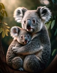 Fototapeta premium Un koala junto a su cría en un arbol