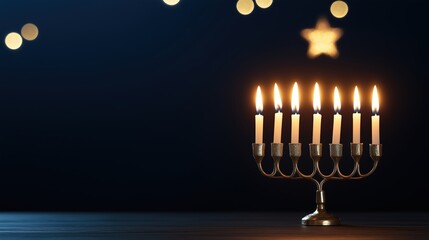 Fototapeta premium A menorah with lit candles stands against a dark background, illuminated by warm lights, evoking a sense of celebration and tradition.