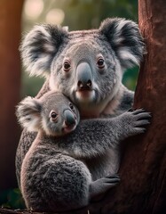 Fototapeta premium Un koala junto a su cría en un arbol