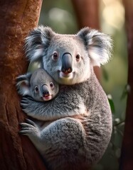 Obraz premium Un koala junto a su cría en un arbol