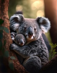 Fototapeta premium Un koala junto a su cría en un arbol