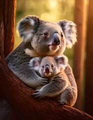 Fototapeta premium Un koala junto a su cría en un arbol
