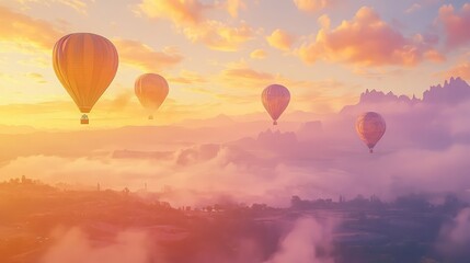 Obraz premium A breathtaking view of hot air balloons drifting through a pastel-colored sky at dawn, with the landscape bathed in soft golden light