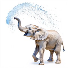 Obraz premium An adorable elephant spraying water with its trunk, isolated on white