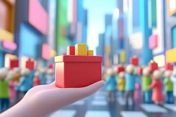 A crowd of people holding red boxes in the city, in a colorful cartoon style