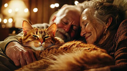 Maine Coon cat curled up next to a senior couple in a cozy home with warm lighting, - Powered by Adobe