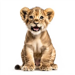 Obraz premium A smiling lion cub sitting on a white background, looking playful