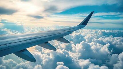 Obraz premium A bright midday view of the sky from an airplane window, with the airplane wing cutting across a sea of white clouds below