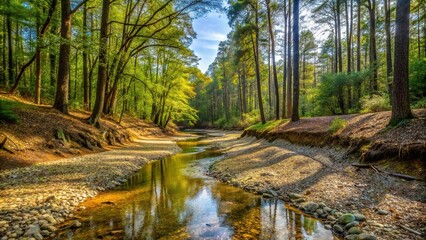 Obraz premium Tranquil landscape of Dry Creek Bed Evergreen Nature Preserve in Charlotte, North Carolina