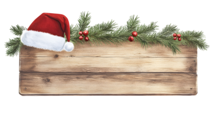 Wooden sign with Santa hat and pine branches, isolated for holiday themes 