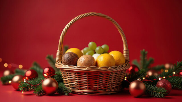 Christmas card. New Year's festive still life on red background. Straw basket full of fruits oranges, nuts, grapes decorated with fir branches, gold balls and garland lights. Celebration postcard
