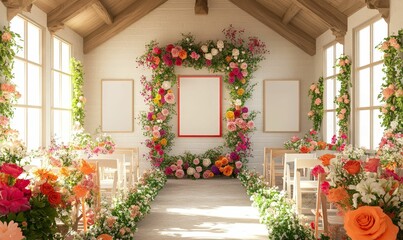Floral decorated wedding aisle with two frames.