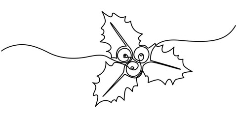 One line drawing holly berry leaves. Modern continuous line art, aesthetic contour. Christmas plant in continuous line drawing style. Line art of holly leaves with berry. Vector illustration.