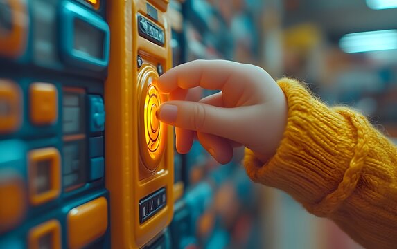 A child's hand pressing a bright button on a colorful interactive panel.