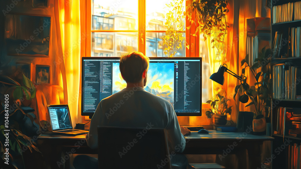 Poster elegant workspace scene featuring a man writing at a large computer desk in a spacious room