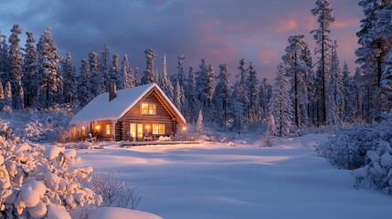 Winter time Cozy cabin in snowy forest, warm lights glowing, winter evening, 3D illustration