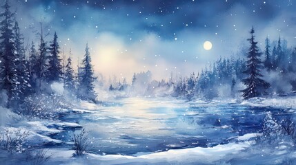 Fototapeta premium A serene winter scene with a snowy forest and a frozen lake under a moonlit sky.