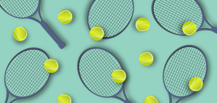 Tennis racket and ball horizontal banner on green background. Classic tennis game, class or match concept. Sport design for cover, advertisement, poster, app, web.