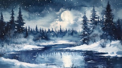 A watercolor painting of a snowy forest scene at night with a full moon and a river reflecting the moon.