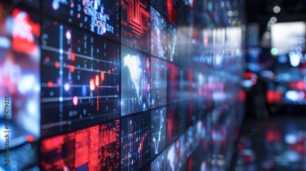 Poster wall of monitors is displaying various financial data and charts in a dark room, with people walking