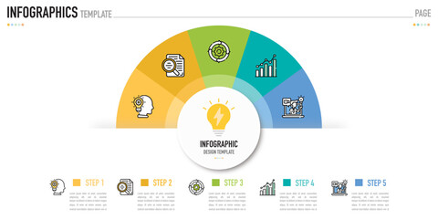 Semi circular infographic business template or element as a vector including 5 step, process, with colorful rectangle and icons on white background for slide or presentation, simple, modern, minimal