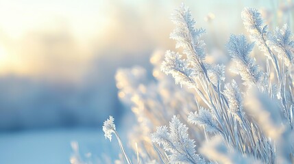 Naklejka premium Winter time Ice crystals on grass, cold winter morning, macro view, 3D illustration