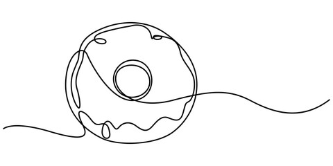 Donut one continuous line design. Restaurant food menu design concept. Decorative elements drawn on a white background, Continuous one line drawing sweet donut. Dessert concept. Single line draw.