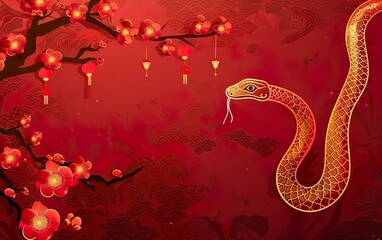 Obraz premium Spring Festival Poster. Hanging lanterns, snake, sakura. Chinese New Year zodiac decorations on bright red background, copy space. Yellow, red, gold colors. Calligraphy authentic silk style banner.