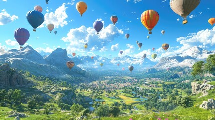 Fototapeta premium A brilliant blue sky filled with hot air balloons of all colors, drifting above a sprawling green valley and mountains in the distance