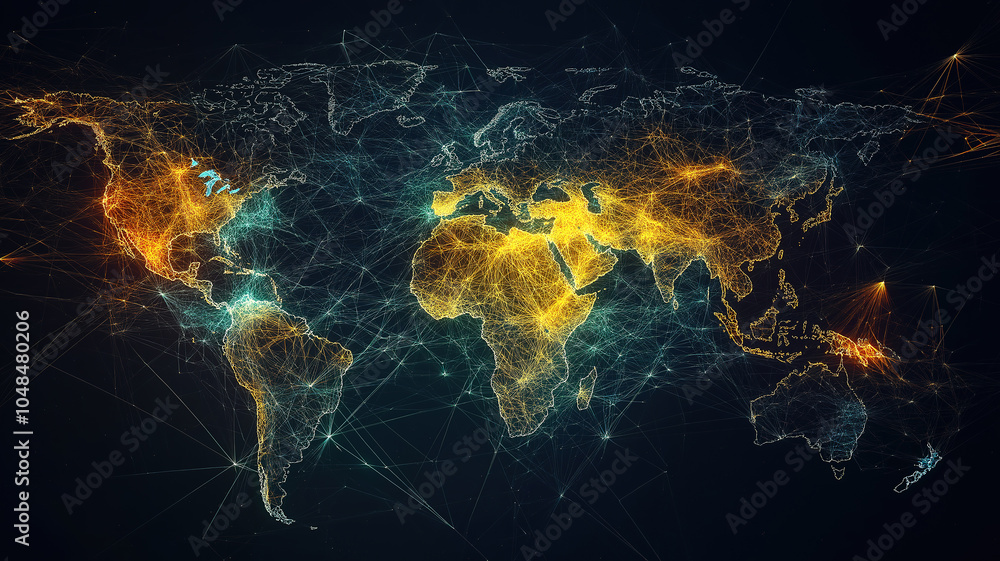 Poster elegant world map featuring network structures illustrating the concept of globalization