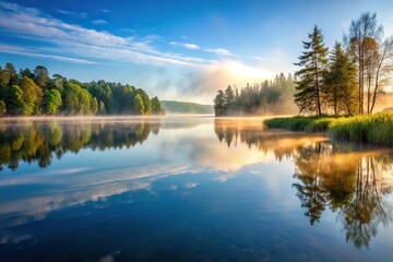 Fototapeta premium Tranquil mist rising from calm lake with serene reflection