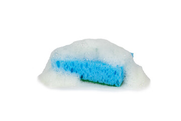 Colorful dish sponges isolated on white background. Kitchen sponge. Cleaning concept, cleaning service. Dishwashing liquid with clean and dirty dishes plate. Place for text, copy space.Wash the dishes