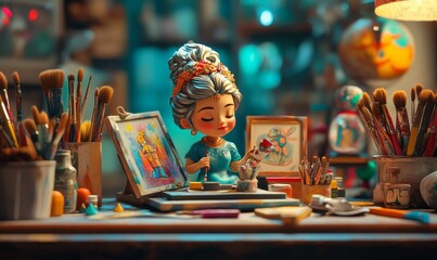 Fototapeta premium Doll artist painting with brushes and paints.