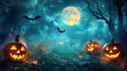 A spooky forest scene with glowing jack-o'-lanterns and bats silhouetted against a full moon in a misty night.
