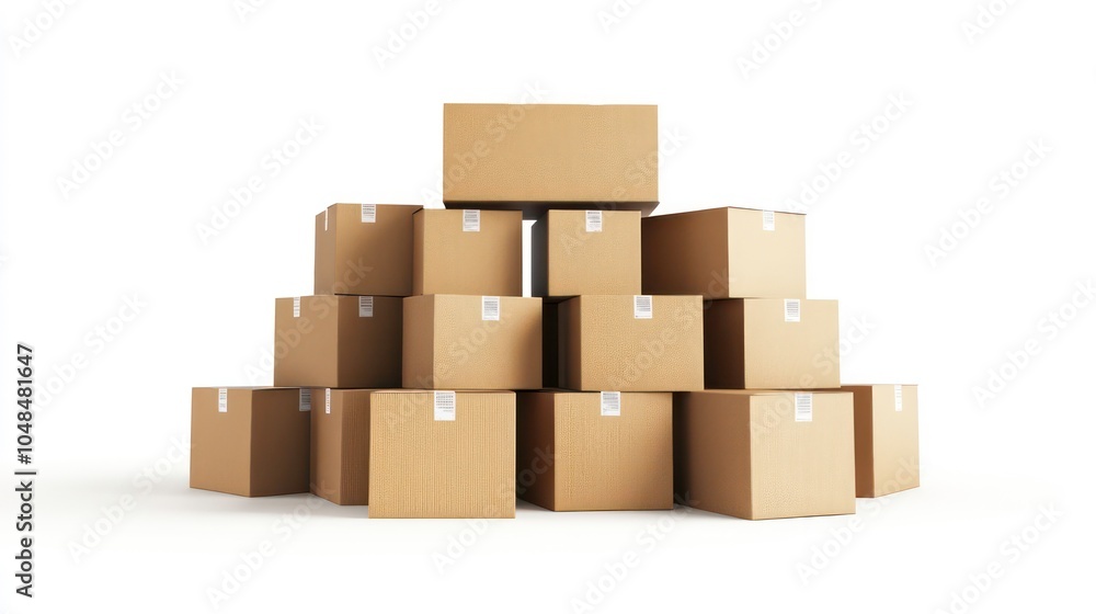 Poster a stack of cardboard boxes in a pyramid shape on a white background.