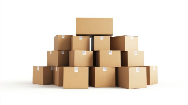 A stack of cardboard boxes in a pyramid shape on a white background.