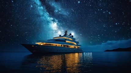 A large white yacht is anchored in the middle of the ocean at night. The sky is full of stars and the Milky Way is visible.